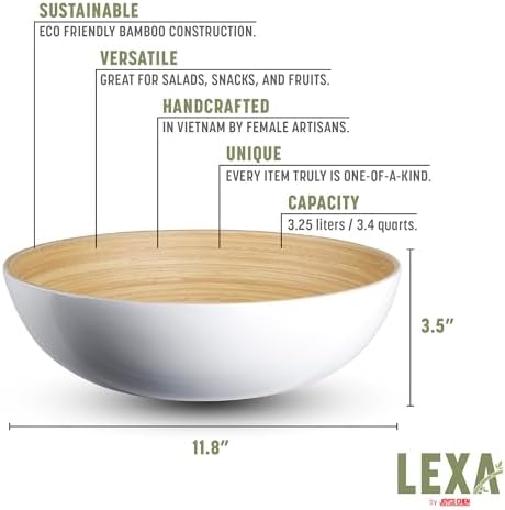 LEXA 12" Handmade Bamboo Salad Bowl – 130 oz Large Wooden Fruit Bowl