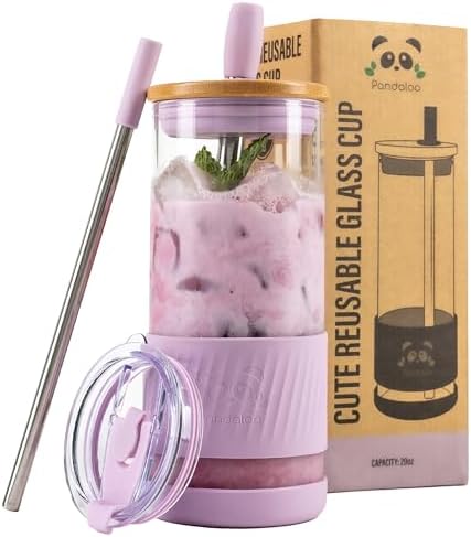 Pandaloo® Glass Cups With Lids and Straws -20 Fl Oz- Perfect Size Iced