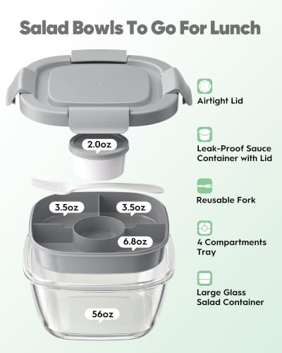 BiuLeon 2 Pack Glass Salad Lunch Container,56oz Salad Bowl To Go for