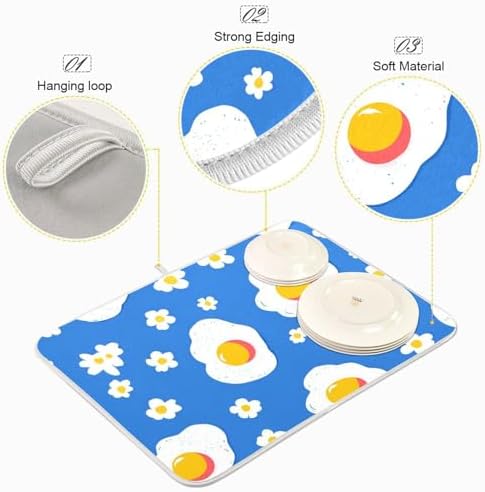 OTVEE Blue Breakfast Art Dish Drying Mat for Kitchen Counter Absorbent
