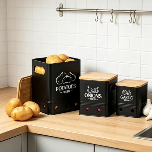 Potato Garlic Onion Storage Set, Set of 3 pieces Metal Kitchen Storage