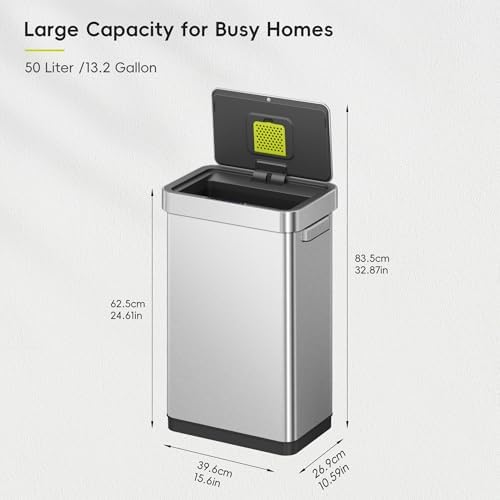 EKO Deluxe Mirage-T 50 Liter Touchless Stainless Steel Trash Can