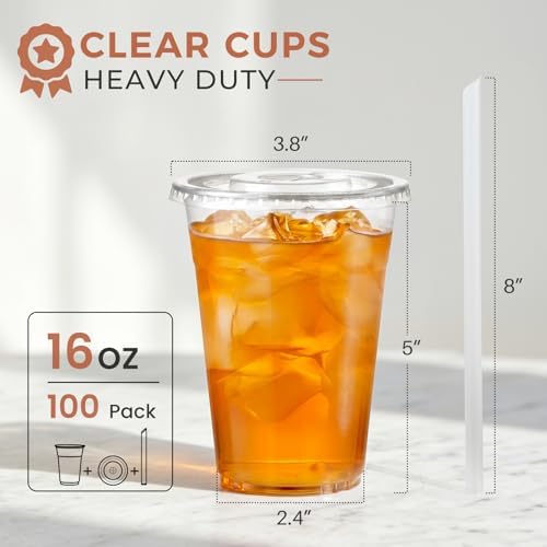 VITEVER 100 Sets - 12oz Clear Plastic Cups with Lids and Straws