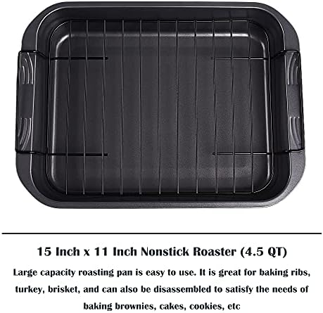 kitCom Bakeware Nonstick Roaster, Nonstick Roasting Pan with Rack, Great For Roast Chicken, Roasts And Turkeys - 15 Inch x 11 Inch (5.8 QT), Gray