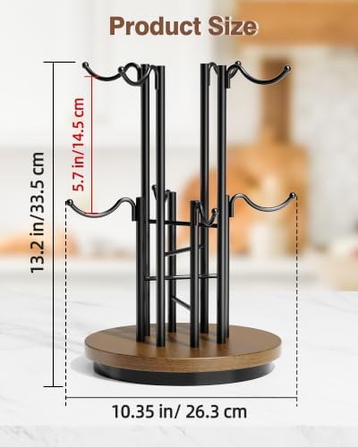 8-Hook 360° Rotating Large Coffee Mug Tree for Counter, Wood Base