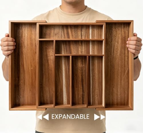Fibogollo Expandable Kitchen Drawer Organizer,Acacia Wood Silverware