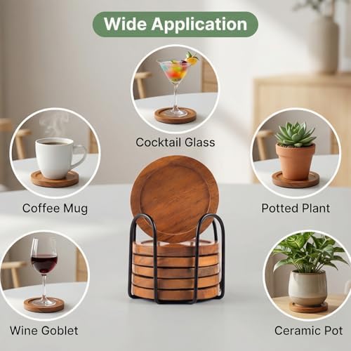 Acacia Wood Round Coasters Set of 6 with Holder – Absorbent Drink