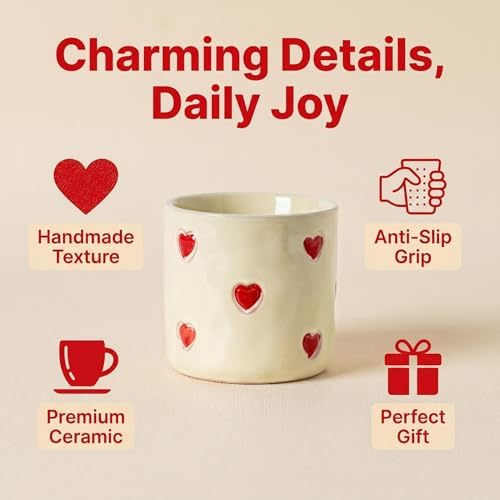 Espresso Cups Set of 4,5oz Ceramic Coffee Mugs with Red Heart Decor