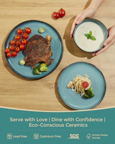 Pokini Stoneware Dinnerware Sets for 8, 24Pcs Ceramic Plates and Bowls Sets