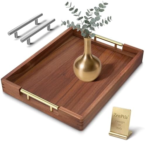 17-Inch Acacia Wood Serving Tray, 2 Handle Sets, Gold and Silver