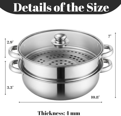 ZENFUN Steamer Pot With Lid 2 Tier, Multipurpose Stainless Steel Steaming Pot, Steam Pots With Handle For Vegetable, Dumpling, Food, 11 Inch（Thickened）