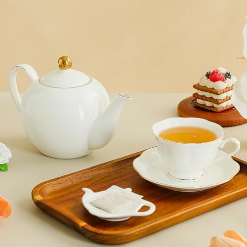 6oz White Ceramic Tea Cup and Saucer Set, Set of 8 with gold rim