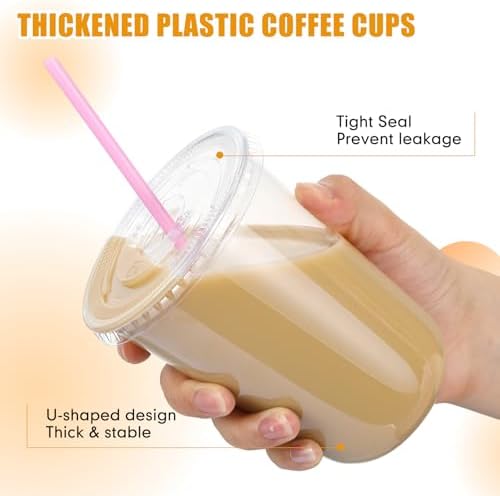 Ziliny 100 Pack 16 oz Plastic Cups with Lids Straws Iced Coffee, Pink