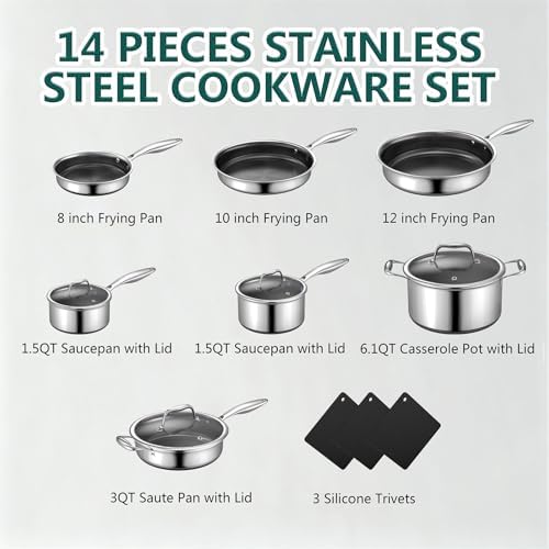 Yoehka 14-Piece Hybrid Stainless Steel Cookware Set with 3 Silicone Trivets