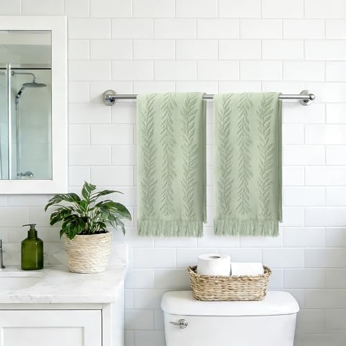 JarThenaAMCS 2Pcs Sage Green Leaves Hand Towels with Tassel Eucalyptus