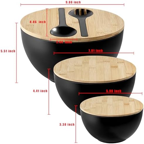 Large Salad Bowls with Bamboo Lids Set of 3, Mixing Nesting Bowls