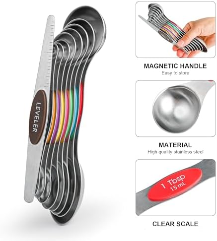 Measuring Cups and Spoons Set 16, Metric & US Stainless Steel Magnetic