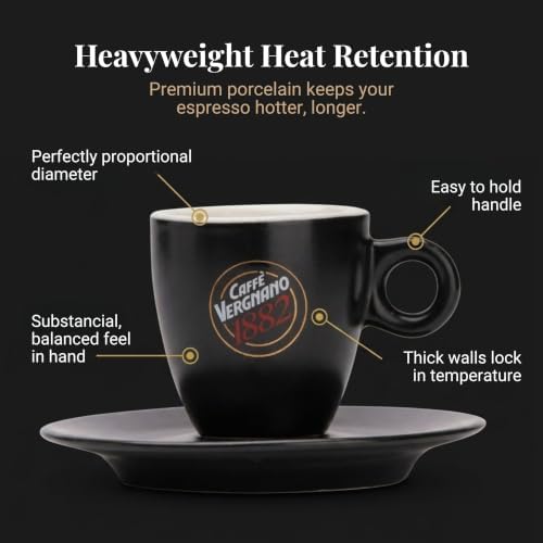 Caffe Vergnano Italian Espresso Cups & Saucers Set, Black Porcelain