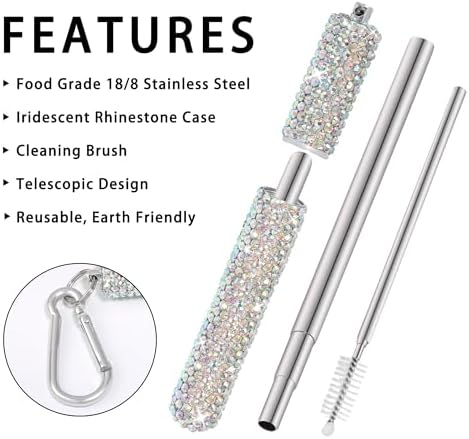 1 Pack Rhinestone Collapsible Stainless Steel Straw, Portable Straw