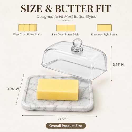 Marble Butter Dish with Glass Lid, Large Butter Dish for Countertop