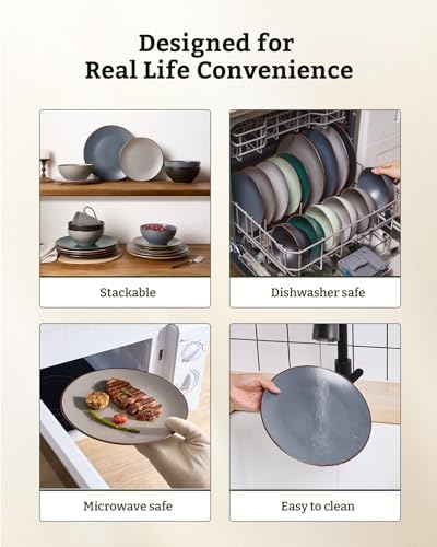 Famiware Venus Plates and Bowls Sets with Rim, Stoneware Dinnerware for 8