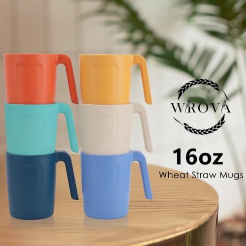 Wrova 16oz Wheat Straw Cups with handles set of 6-Plastic Cups