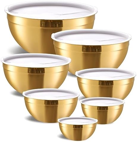 Gold Mixing Bowls with Airtight Lids, Stainless Steel Nesting Mixing
