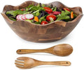 Wood Salad Bowl with Serving Utensils - Large Scalloped Decorative 12"