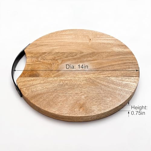 POSHIO Wooden Serving Platter Tray 14 Inch Round with Metal Handle