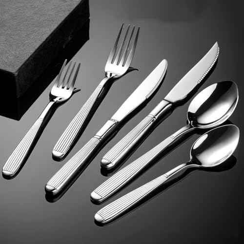 Silverware Set Service for 12 Hammered Handle Utensils Roman Column