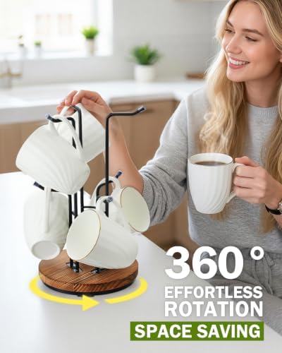 Rotating Large Mug Tree for Counter, Coffee Mug Holder, 6 Hooks