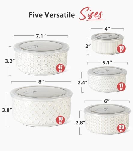 Lareina Ceramic Serving Bowls with Lids, 5-Piece Food Storage Set