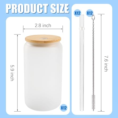 Joyclub Sublimation Glass Cups 12 Pack 16 oz Frosted with Lids and