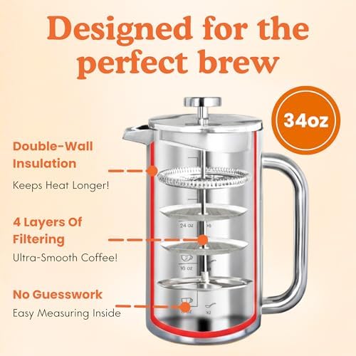 Non-Toxic Stainless Steel French Press, No Plastic or Heavy Metals