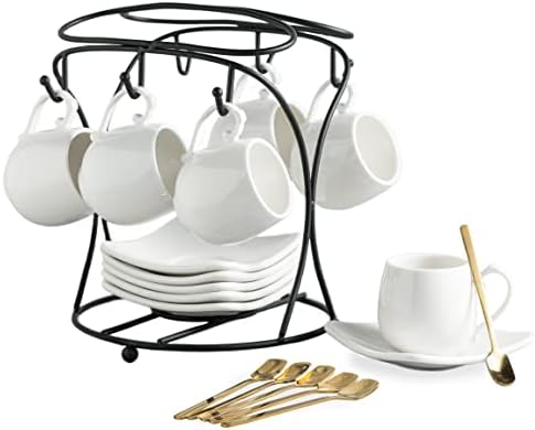 LYEOBOH Espresso Cups with Saucers Set, Coffee Cups Metal Stand and