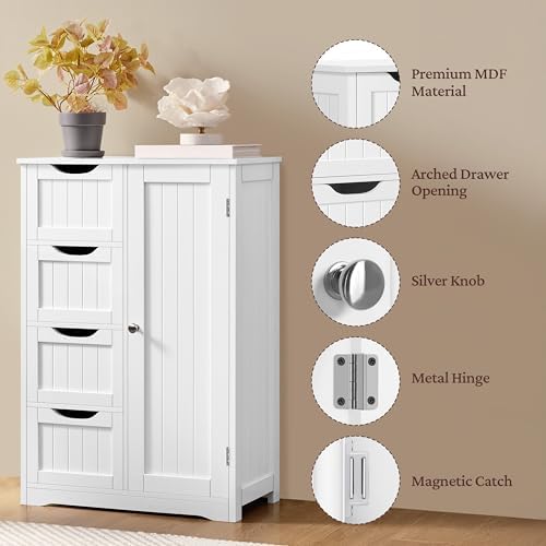 Yaheetech Small Bathroom Storage Cabinet with 4 Drawers & Door, White