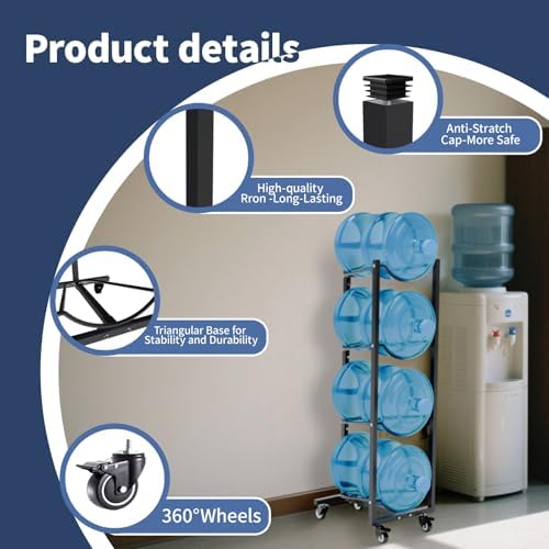 5 Gallon Water Jug Holder with 4 Wheels: 5 Gal Bottle Storage Rack