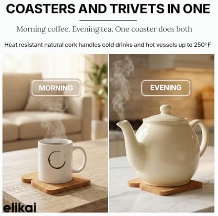 ELIKAI Cork Coasters Set of 4, Absorbent & Heat-Resistant Drink Holder