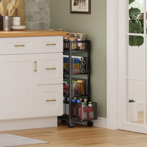 4 Tier Narrow Kitchen Rolling Cart, 9.1" Wide Slim Kitchen Storage