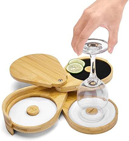Margarita Salt Rimmer Set,1 Pack 3 Tier Bar Glass Rimmer Bamboo Wood