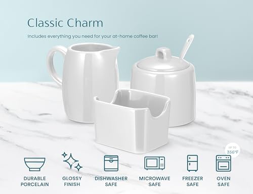 KooK Sugar and Creamer Set, 3 Piece, Pitcher, Sugar Bowl with Lid and