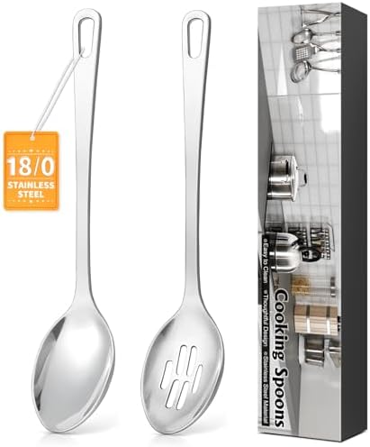 2 Pcs Stainless Steel Cooking Spoons Set, Solid & Slotted Metal
