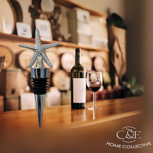 Decorative Starfish Wine Bottle Stoppers, Silver Chrome Finish, Set of