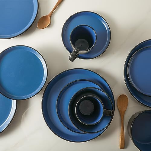Stone Lain Albie Stoneware 32-Piece Modern Dinnerware Set, Kitchen Plates and Bowls Sets, Service for 8, Blue and Black, Microwave & Dishwasher Safe