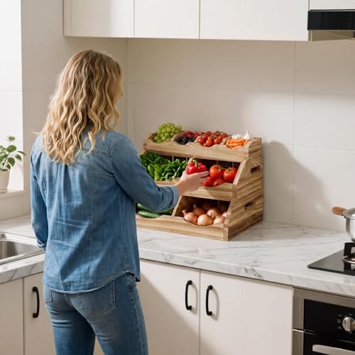 3-Tier Solid Wood Potato and Onion Storage Bin for Kitchen Counter