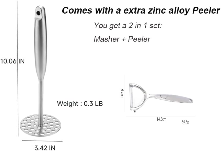 Potato Masher +Peeler 2 in 1 Set 304 Stainless Steel with Ergonomic