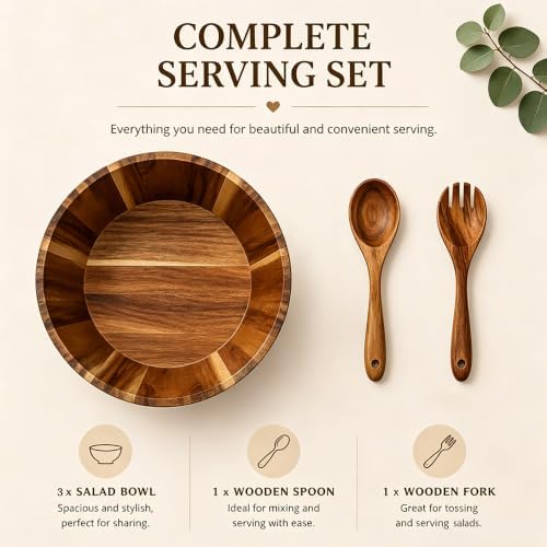 Wooden Salad Bowls, Large Acacia Wood Serving Bowl with Utensils