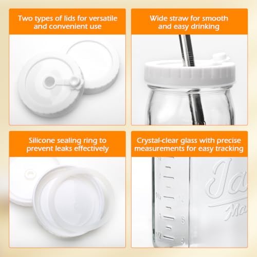 Mapoxy 32oz Mason Jars Cups with Plastic Lids & Straws 2 Pack