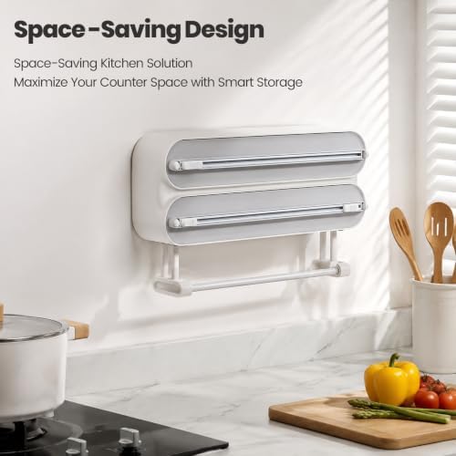 3-in-1 Kitchen Wrap Dispenser with Cutter and Paper Towel Holder, Aluminum Foil Organizer and Storage, Kitchen Countertop Space Saving Organization