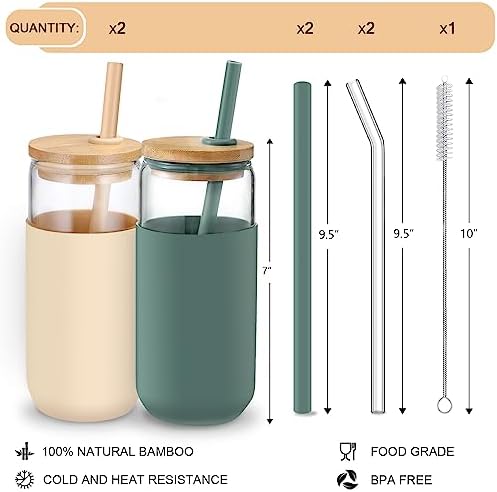 20 OZ Glass Cups with Bamboo Lids and Straws - Beer Can Drinking